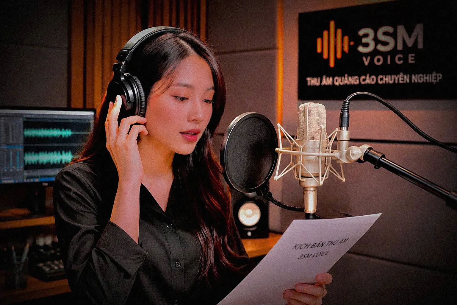 MC đang thu âm quảng cáo tại phòng thu 3SM VOICE